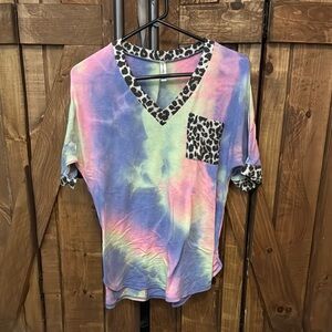 Pink and Blue Tie-Dye V-Neck T-Shirt with Leopard Accents